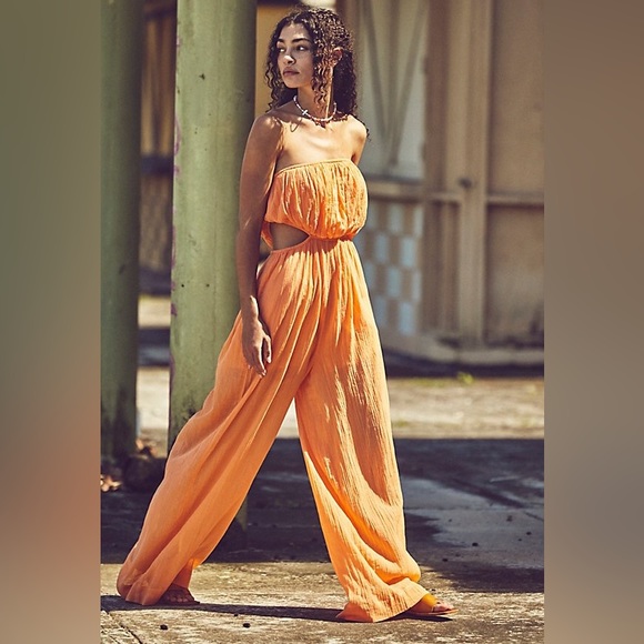 Free People Mustard Cut Out For It Wide Leg Pant Jumpsuit with Pockets - Picture 6 of 14